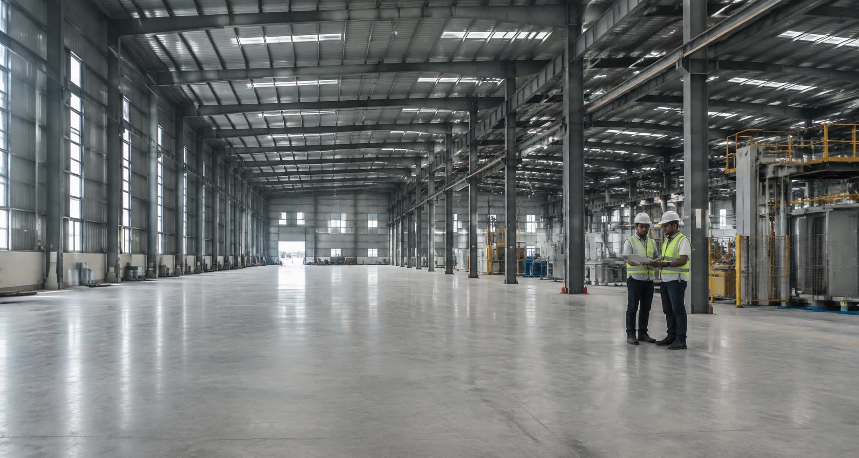 Illustrative industrial warehouse with finished concrete flooring